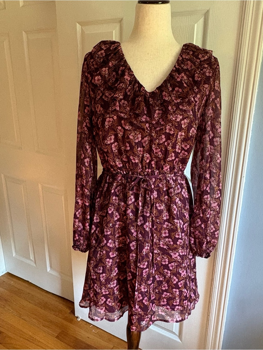 LOFT Women’s Floral Metallic Ruffle Above Knee Dress Purple Medium